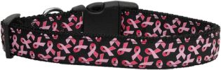 Pink Ribbons on Black Nylon Dog Collar Medium Narrow