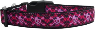 Hot Pink Plaid Skulls Nylon Dog Collar Medium Narrow