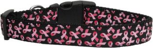 Pink Ribbons on Black Nylon Dog Collar XL